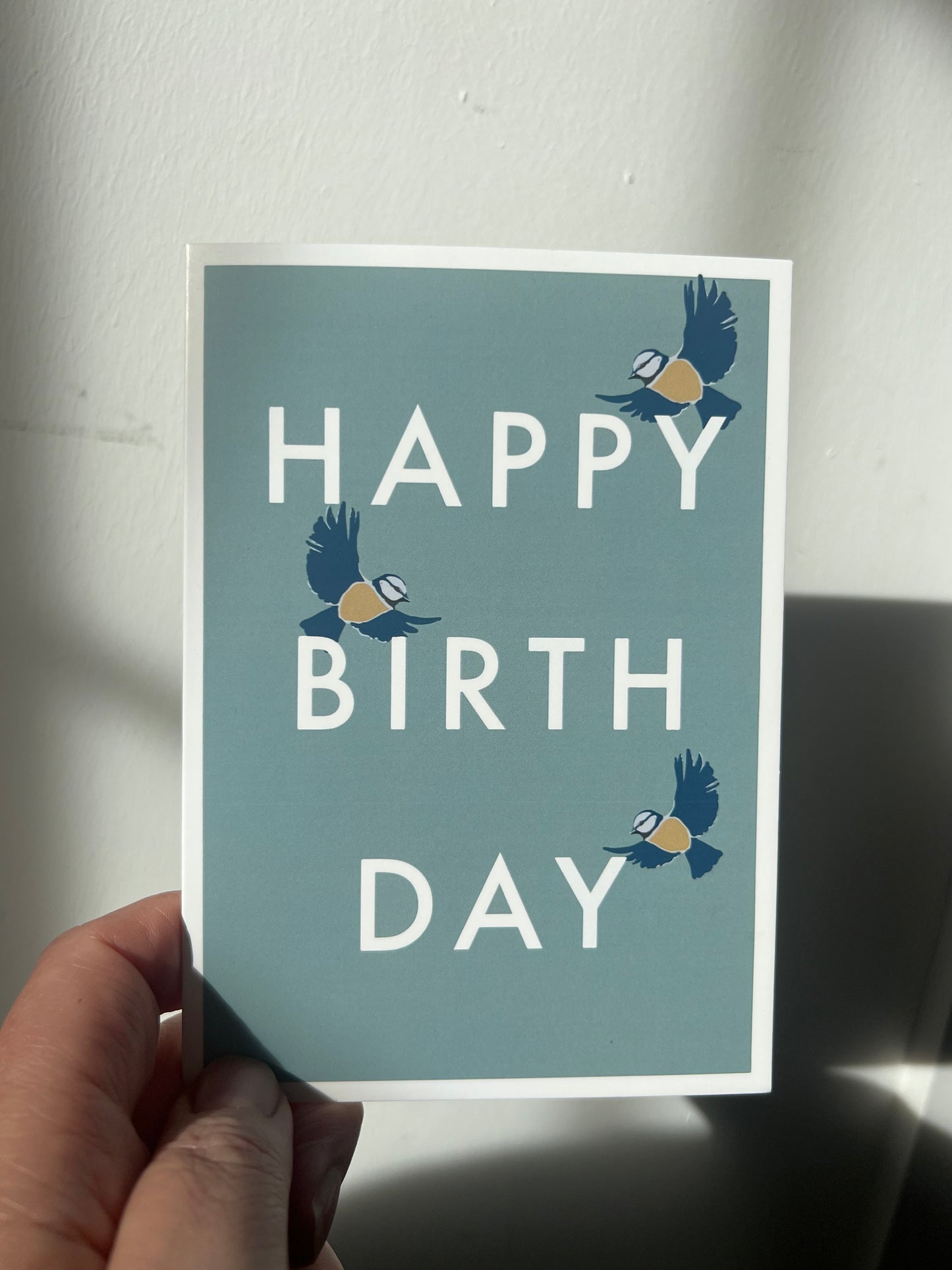 Birthday Bluetit |Blue background bird large typography | Vegan Silk card Blank