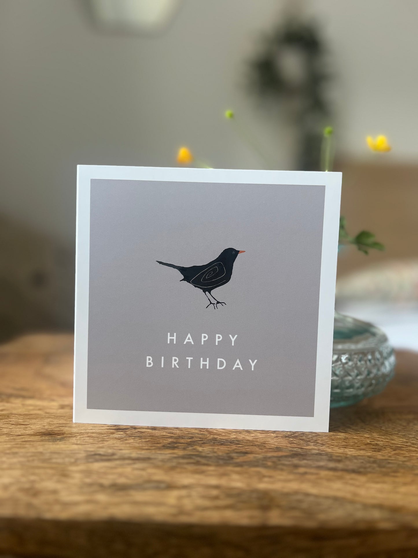 Happy Birthday greeting card Blackbird minimalist neutral