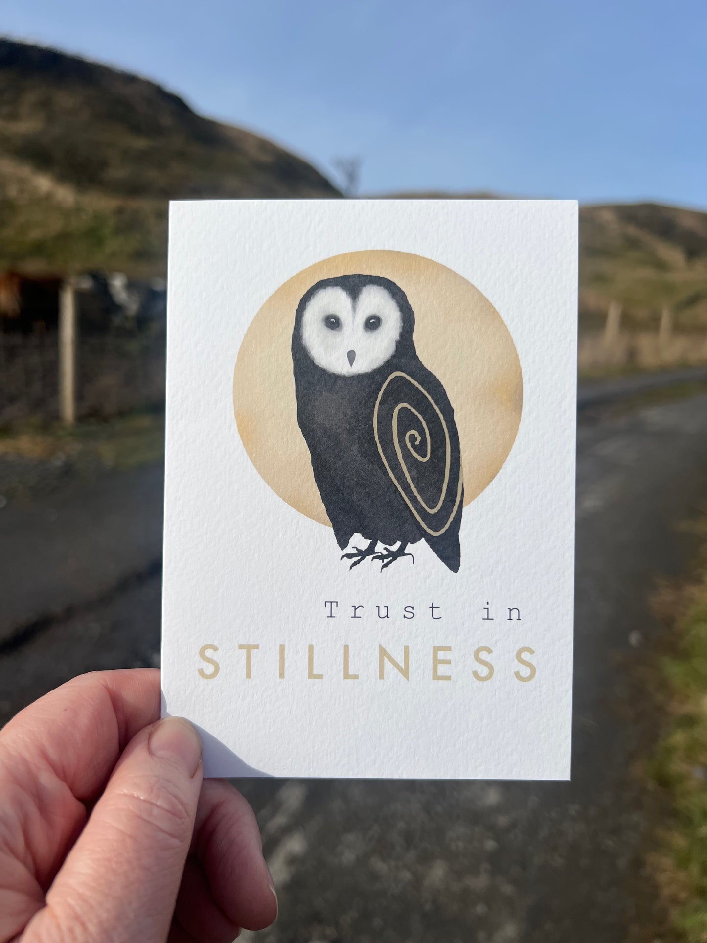 Spiral Animal  'Trust in stillness' - Owl forest folklore greeting card message meditation quiet inner strength  Vegan FSC-certified blank card