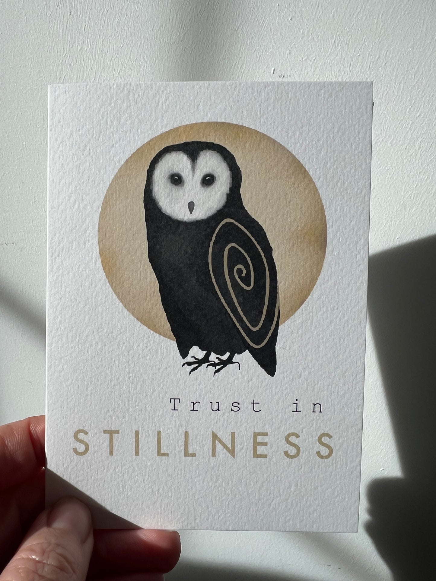Spiral Animal  'Trust in stillness' - Owl forest folklore greeting card message meditation quiet inner strength  Vegan FSC-certified blank card