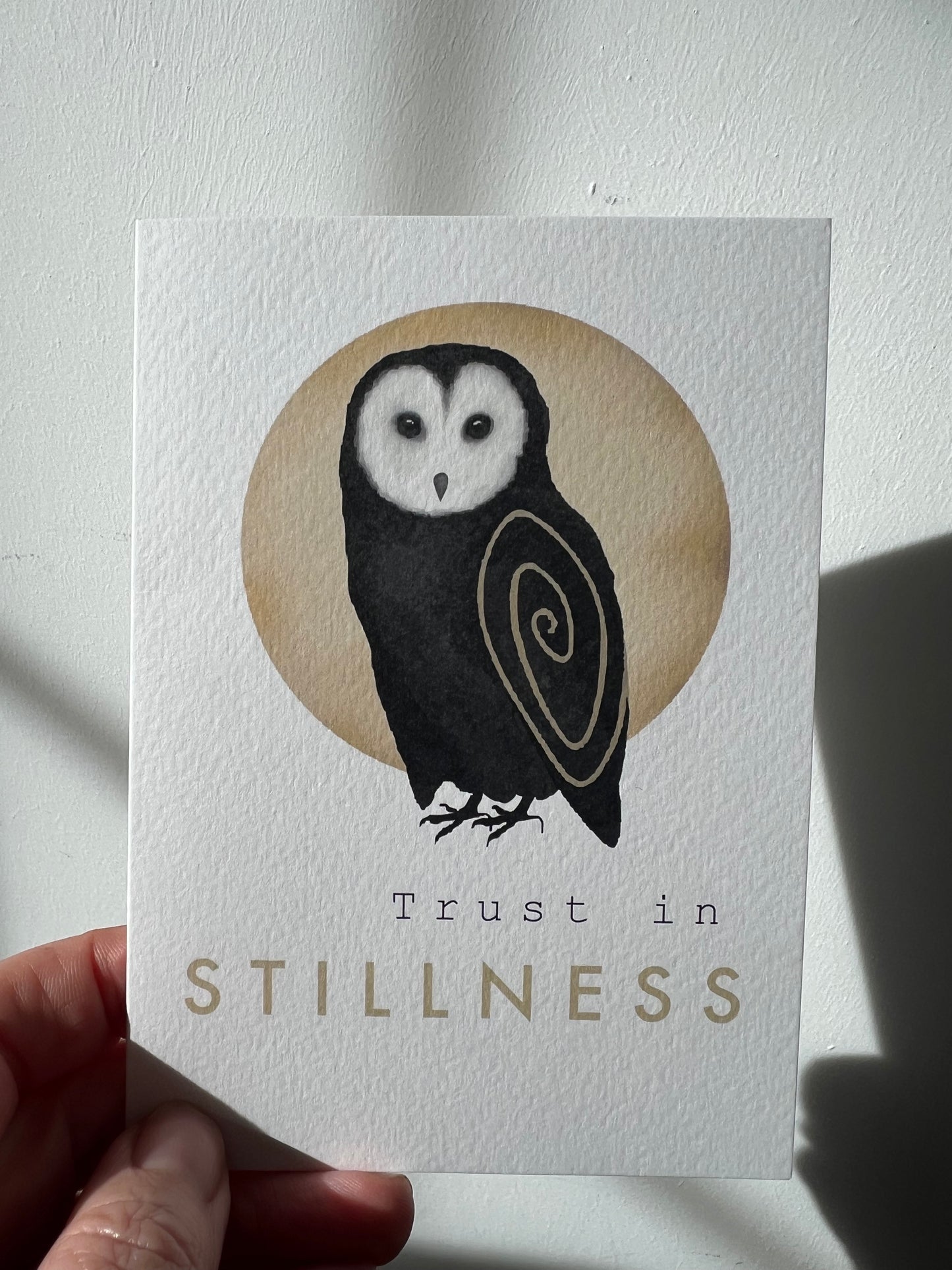 Spiral Animal  'Trust in stillness' - Owl forest folklore greeting card message meditation quiet inner strength  Vegan FSC-certified blank card