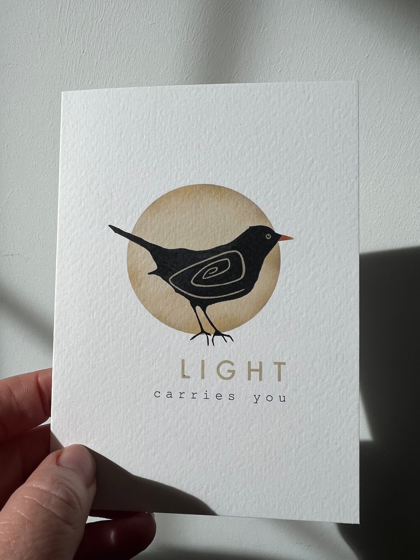 Blackbird spiral detail  'light carries you' - message nature folk lore greeting card inspire lifting | Vegan FSC-certified blank card