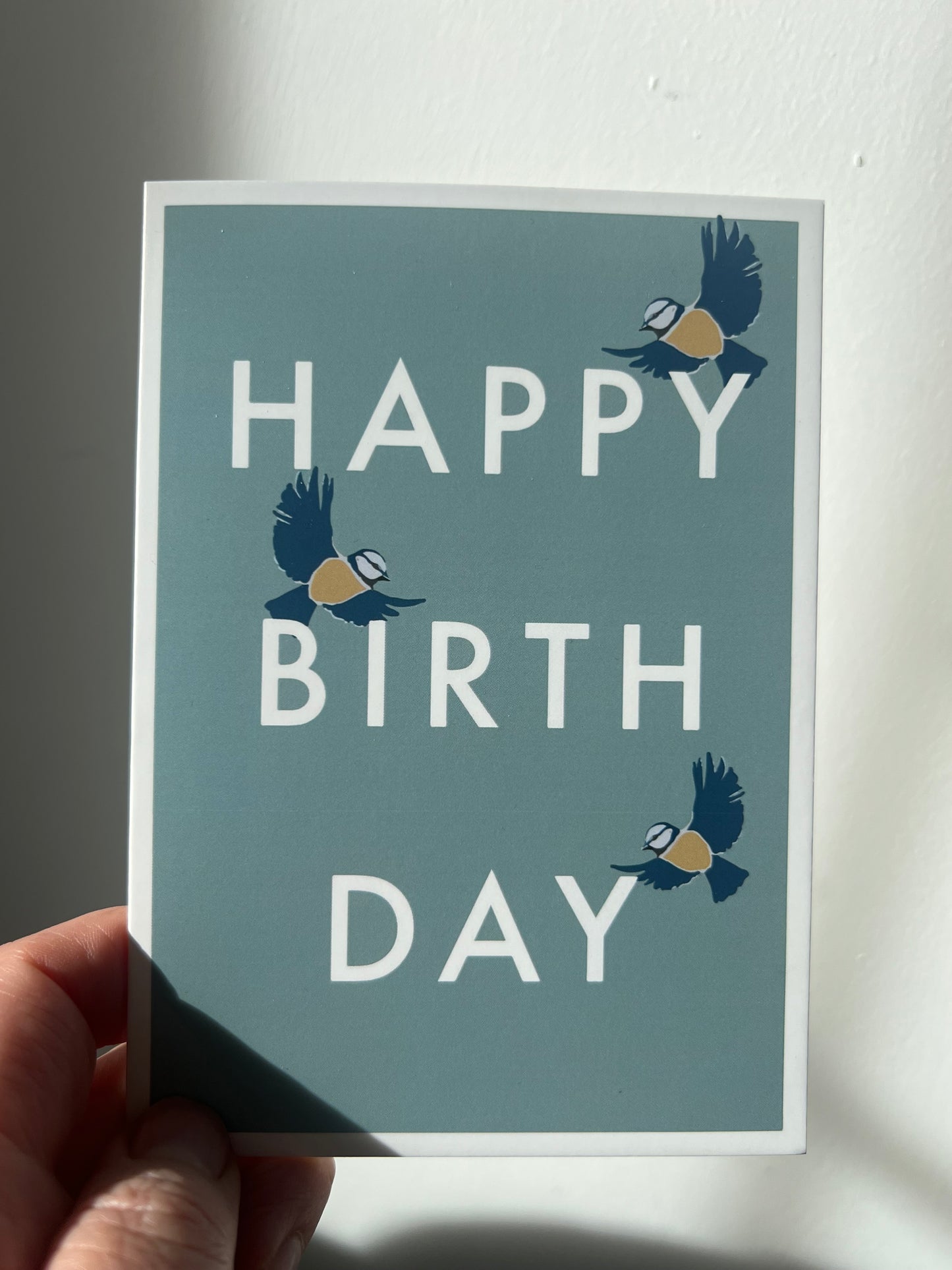 Birthday Bluetit |Blue background bird large typography | Vegan Silk card Blank