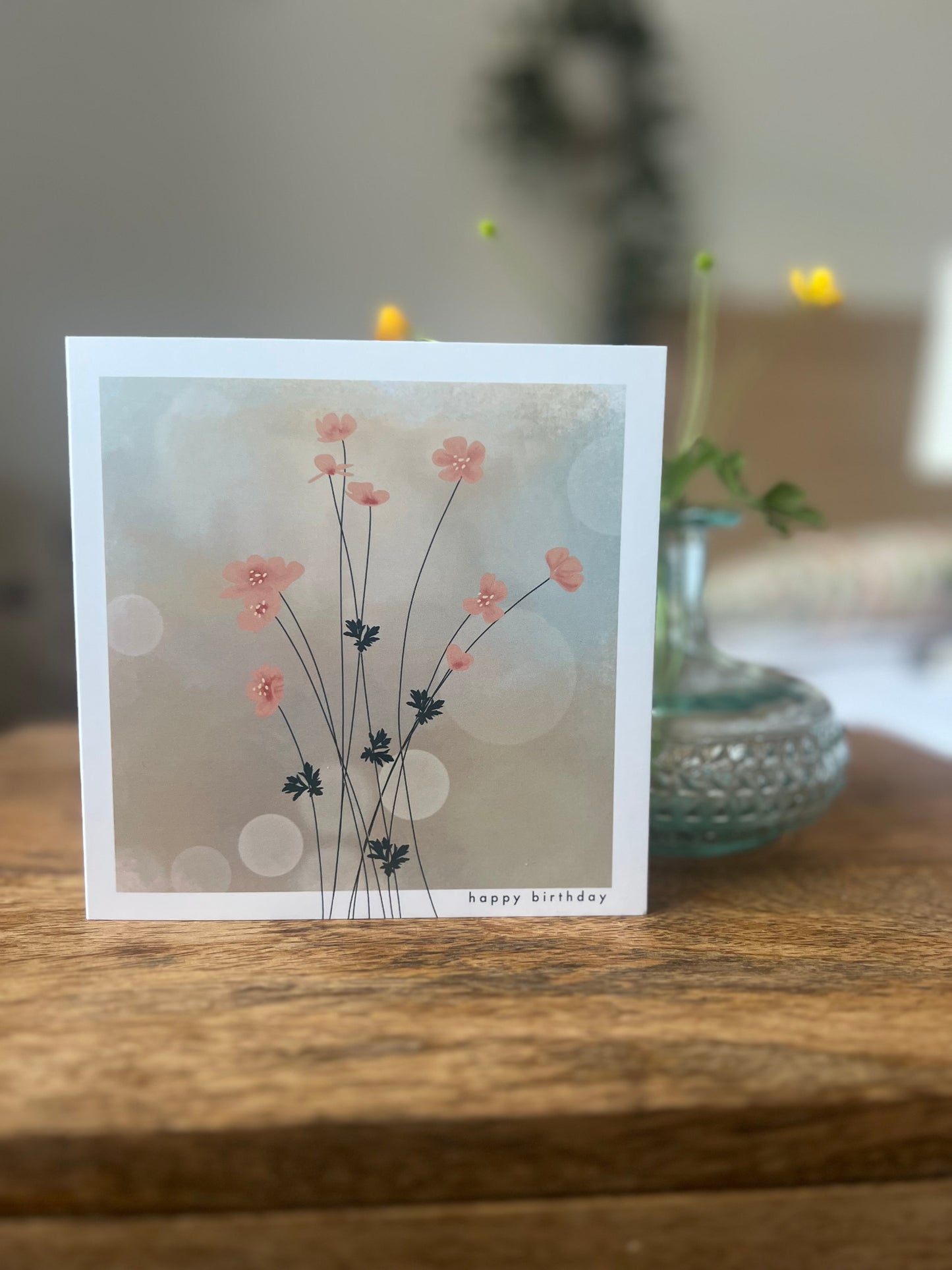 Delicate Happy Birthday card with pink flower and hazy background