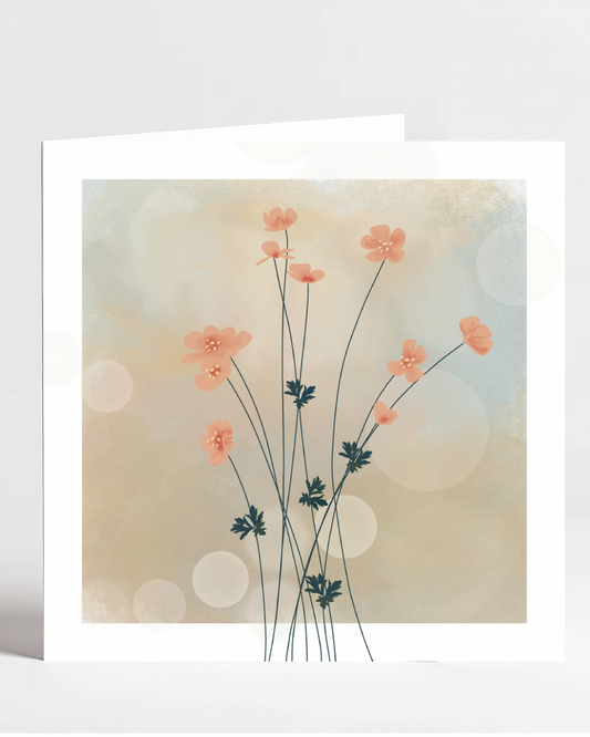 Delicate pink flower greeting card with hazy background