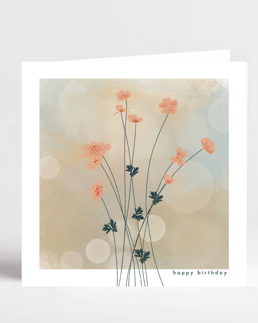 Delicate Happy Birthday card with pink flower and hazy background
