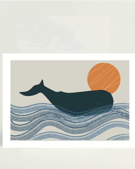 Whale in ocean with Orange Sun greeting card blank neutral